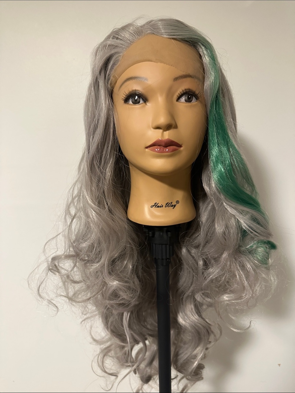 Grey 33" Long Wavy Lace Front Wig with Green Accent